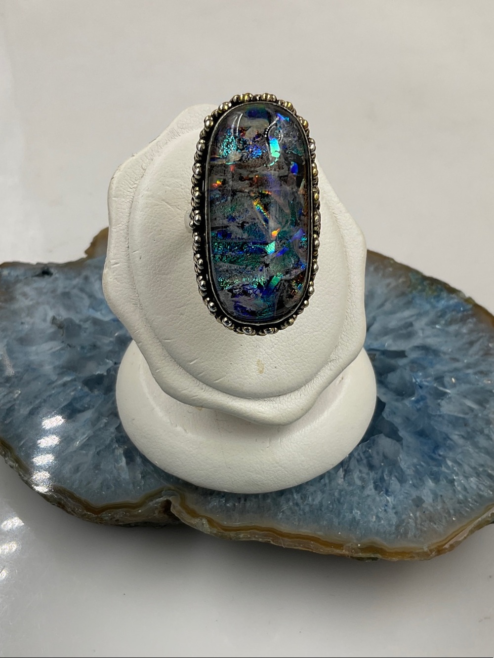 Vintage Sterling Silver Dichromic Art Glass Statement Ring Size 8 Blue-Green